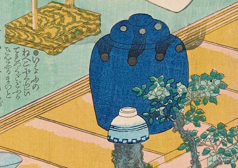 Nezamedoko ikuyo no mutsugoto and was designed by Utagawa Kunisada (detail incense burner) Nezamedoko ikuyo no mutsugoto and was designed by Utagawa Kunisada (detail incense burner)