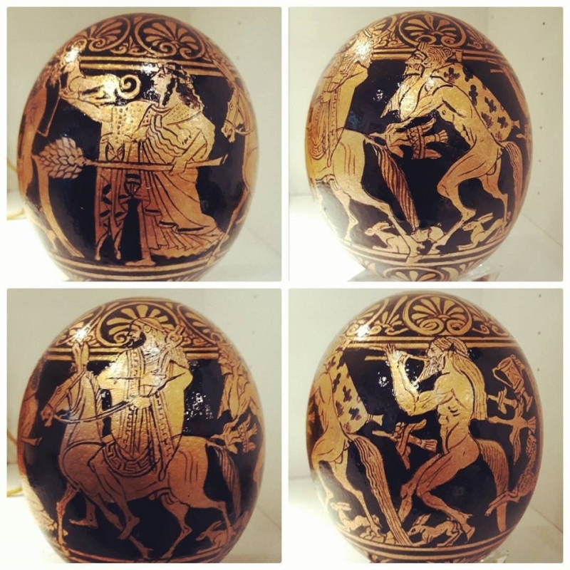 nomikos An ostrich egg with mythological theme, with gold leaf and enamel