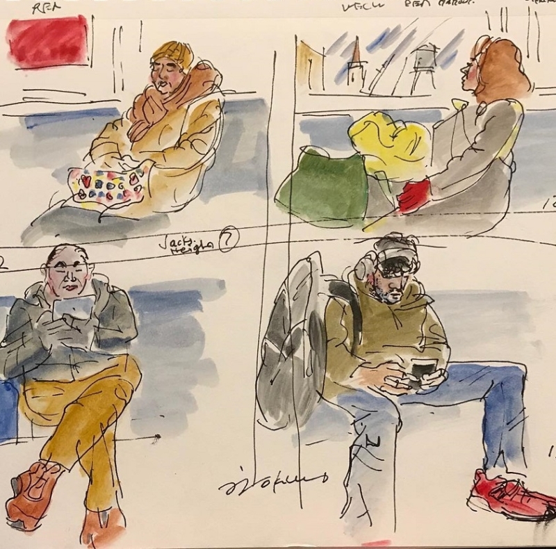 nomikos The beautiful people on the New York Subway. Ink on paper and thin oil color