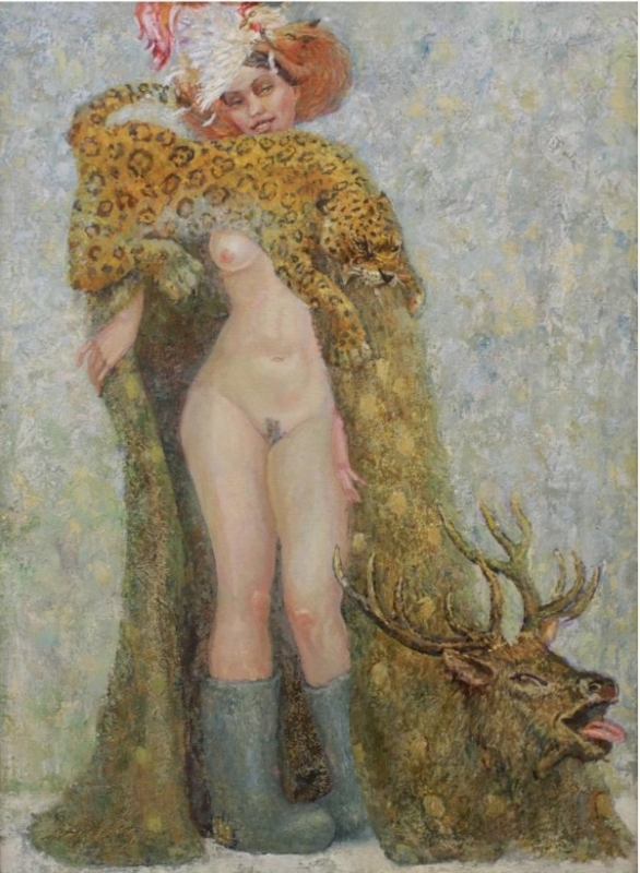 Nude beautiful girl in fantasy animal fur with fighting leopard, deer, fox and cock, oil on canvas created by artist Andrew Merenko in 2011 Nude beautiful girl in fantasy animal fur with fighting leopard, deer, fox and cock, oil on canvas created by artist Andrew Merenko in 2011