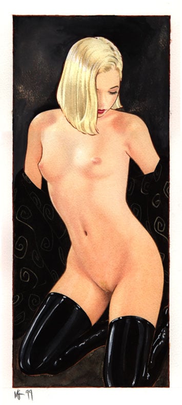 nude blonde pin-up wearing black stockings