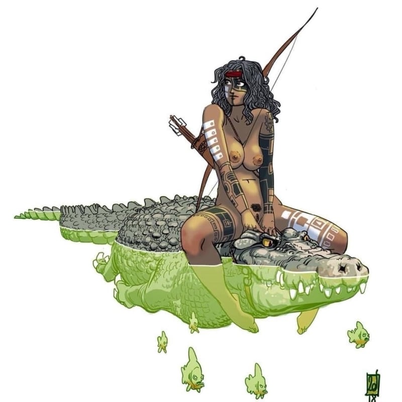 nude girl sitting on the back of a crocodile by Damien Henceval