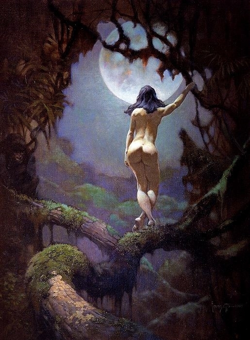 Nude in the moonlight with black panther Frank Frazetta