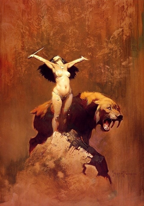 Nude warrior and tiger Frank Frazetta