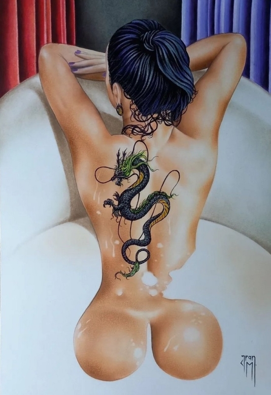 Nude with dragon tattoo on back by Jean Medeiros