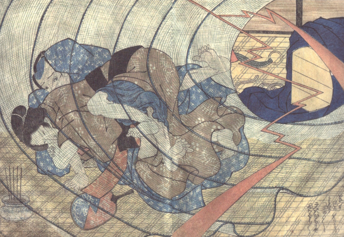 mosquito netting: 'Couple is overwhelmed by a lightning strike' (c.1824) 'Ehon Senrikyo' by Utagawa Yoshitora’ mosquito netting: 'Couple is overwhelmed by a lightning strike' (c.1824) 'Ehon Senrikyo' by Utagawa Yoshitora’