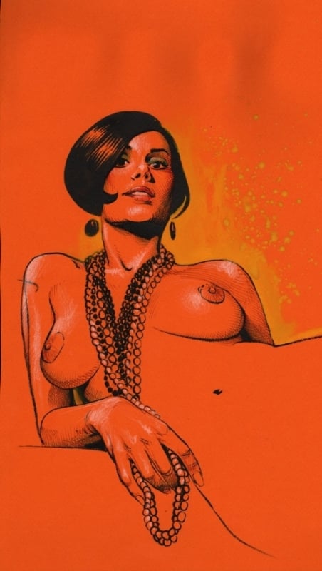 orange print with shot-haired nude female sporting chains