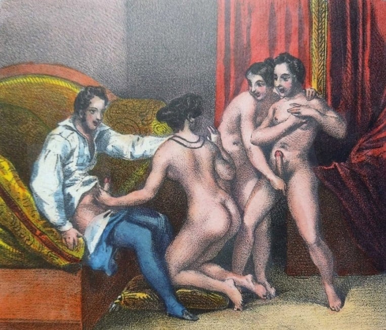 orgy art Les Petits Jeux I (little games), lithograph, 1840, anonymous