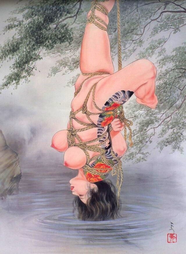Ozuma kaname: tied tattooed female hanging over the water