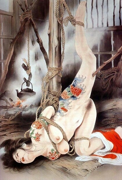 ozuma kaname painting depicting a tattooed female tied to a pole in a shed