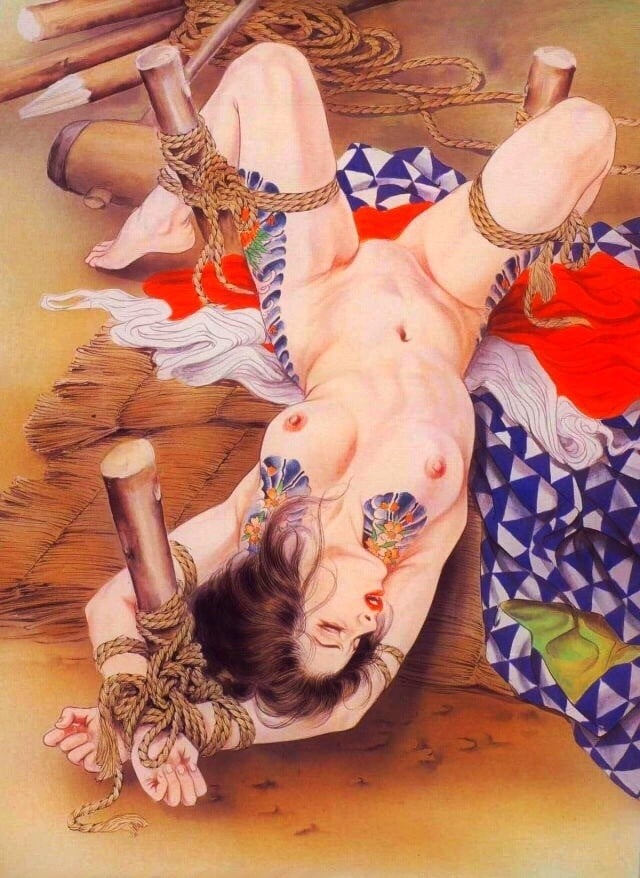 ozuma kaname painting depicting a tattooed beauty tied to the ground with poles 