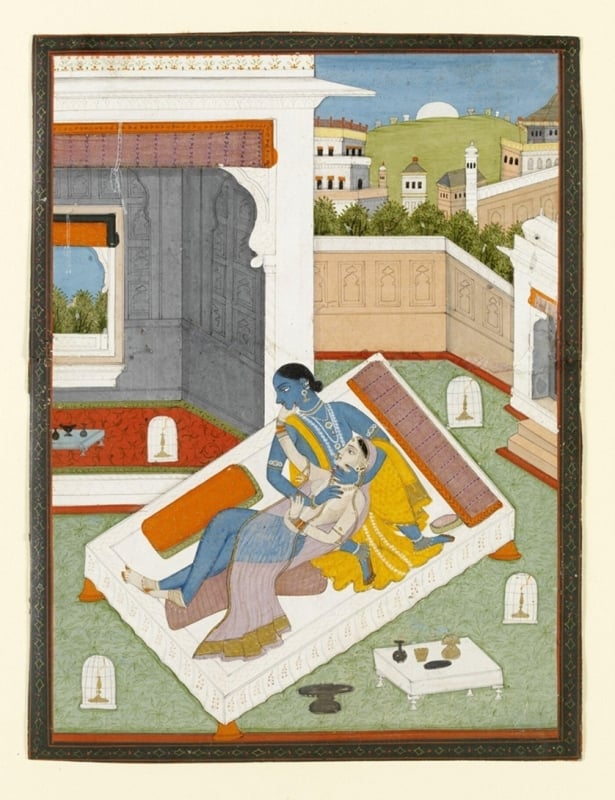 Painting, Krishna and Radha embracing, gouache on paper, Pahari, probably Mandi, ca. 1820