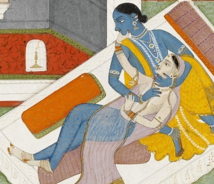 Painting, Krishna and Radha embracing, gouache on paper, Pahari, probably Mandi, ca. 1820 (detail)