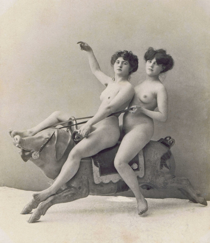 Photographer unknown Two women on a carousel Pig c.1900 Silver gelatin print Photographer unknown Two women on a carousel Pig c.1900 Silver gelatin print