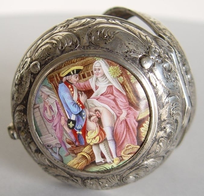 Pocket watch extravagant, big triple case verge watch with hidden erotic enamel painting, with date, Wilter London, ca. 1740 Pocket watch extravagant, big triple case verge watch with hidden erotic enamel painting, with date, Wilter London, ca. 1740