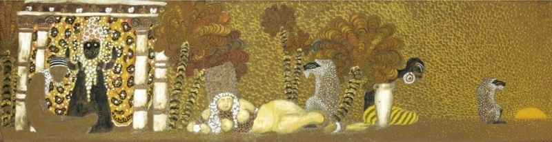 Predictions. Lying nude with two monkeys by Nicholas Kalmakoff