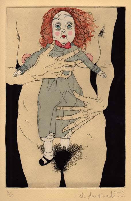 Pretty Baby (Maine), etching hand-colored with gouache and watercolor by Philip Dvorak
