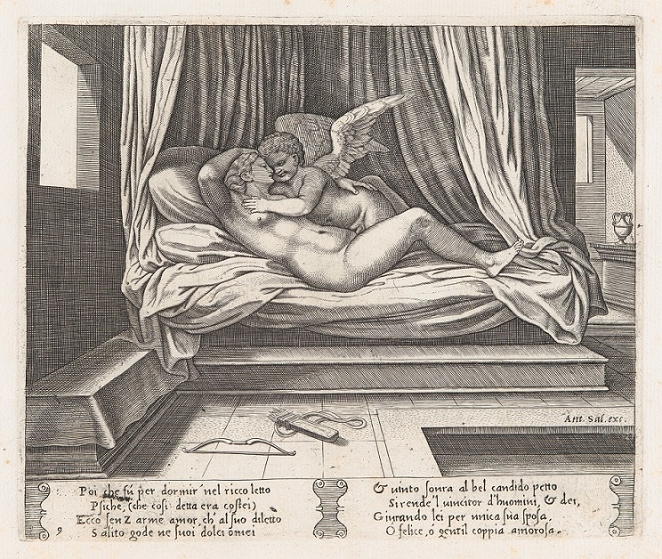 psyche and invisible Cupid on a bed