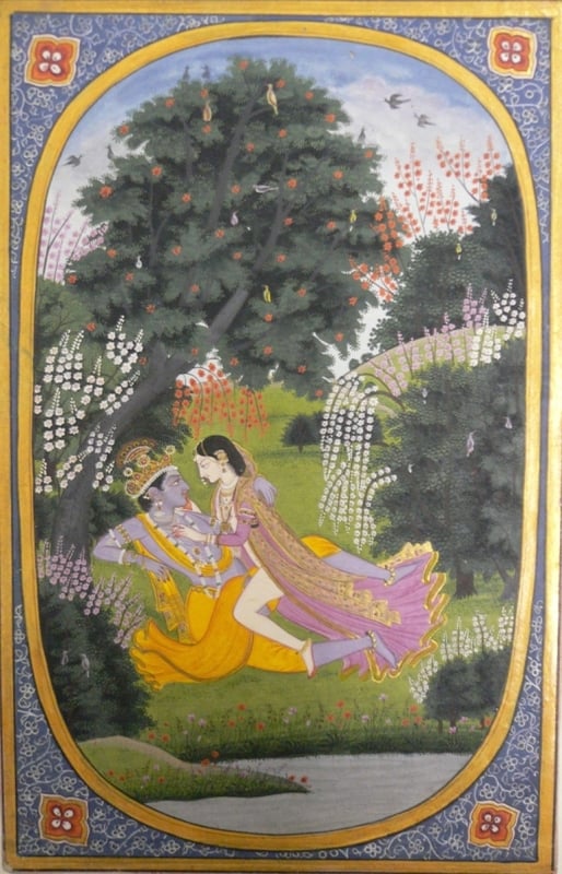 Radha makes love to Krishna in a grove. An illustration to the Rasikapriya of Keshav Das. Kangra, c. 1820. Attributed to Purkhu and his school)