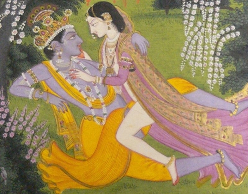 Radha makes love to Krishna in a grove. An illustration to the Rasikapriya of Keshav Das. Kangra, c. 1820. Attributed to Purkhu and his school), detail