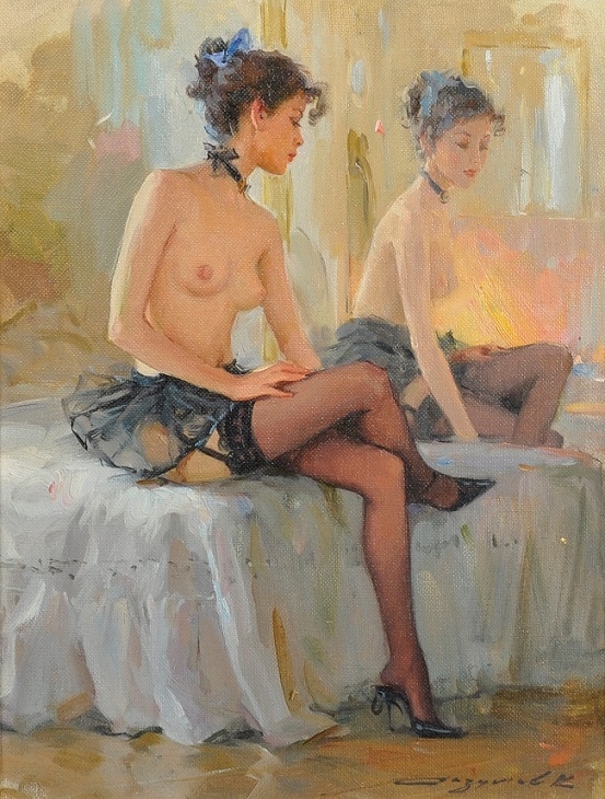 razumov A Naked Girl Sitting on a Bed, Adjusting Her Shoe, in front of a Mirror