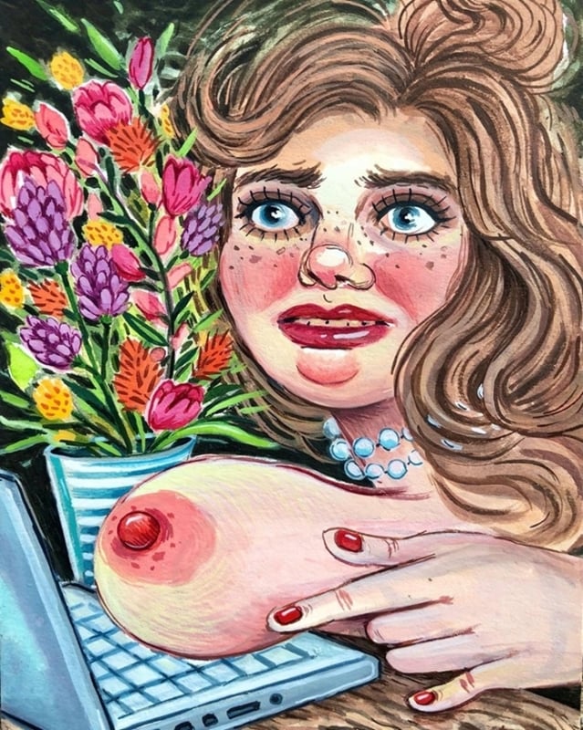 Rebecca Morgan painting of a female with het breasts on the keyboard
