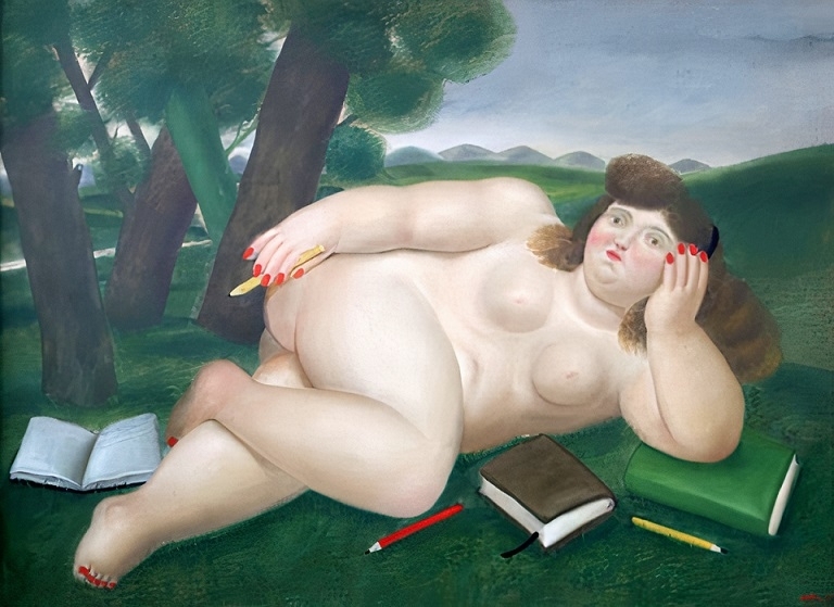 Reclining Nude with Books and Pencils On Lawn fernando botero
