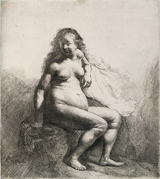 Rembrandt etching Naked Woman Seated on a Mound