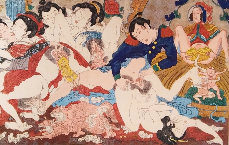 'Renri no eda hiyoku no maki (Scrolls of Inseparable Lovers)' issued c. October 1867 by Kawanabe Kyosai (another impression) detail