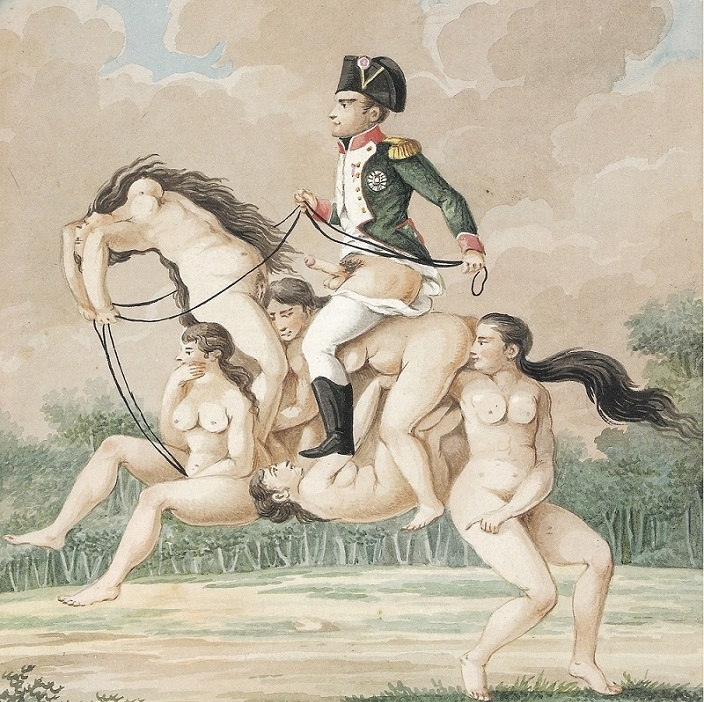 riding a horse consisting of five nude ladies