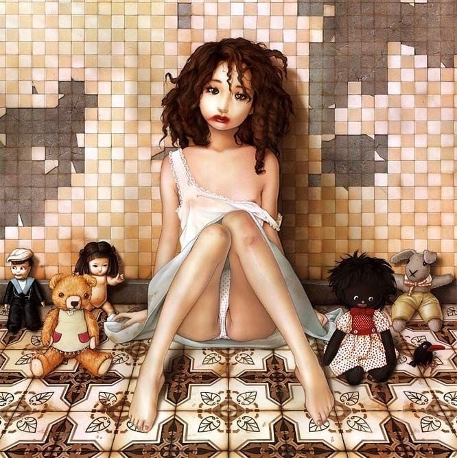 sad girl with dolls art