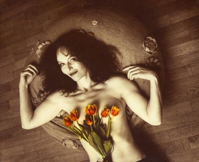 Sarah Saudek with tulips