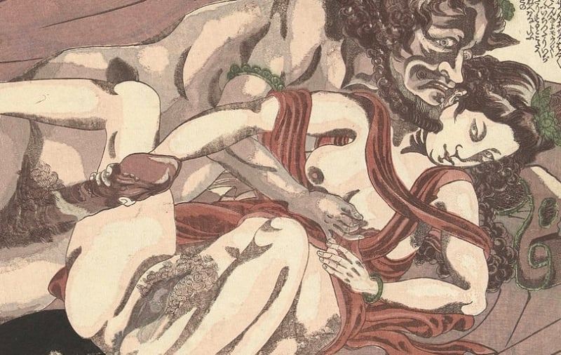 Satyr and Nymph (c.1832) from the series Willow Storm (Yanagi no arashi) by Yanagawa Shigenobu (detail)