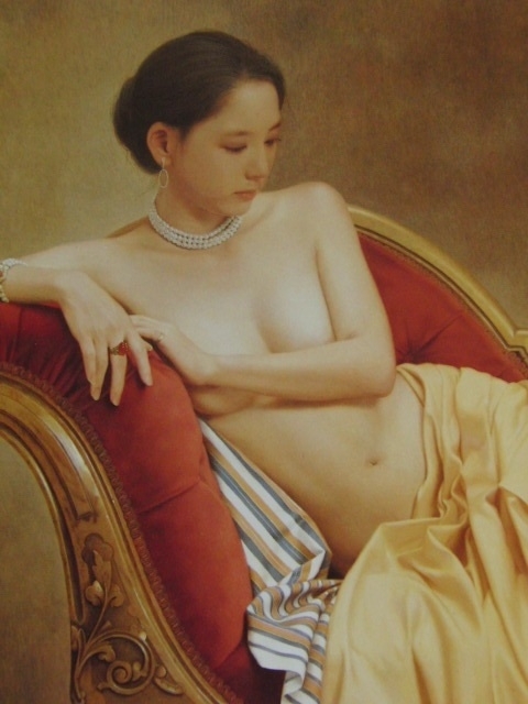 Seated nude wearing pearls sosuke morimoto