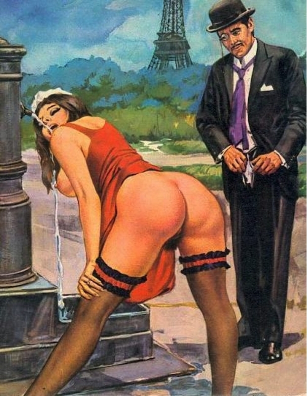 seductive semi nude girl drinking water from a fountain near the Eiffel Tower