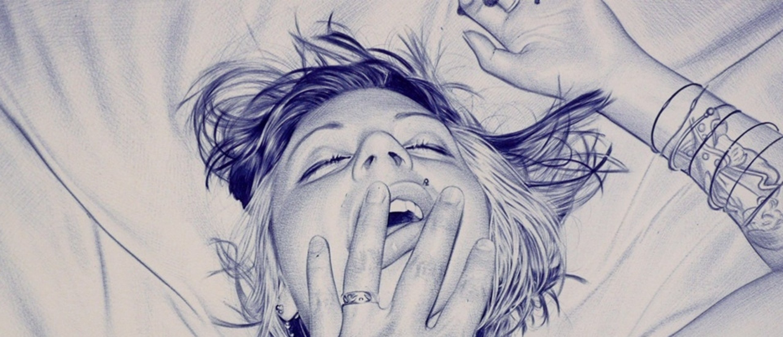 Selfies #1, Blue-Tinted Erotic BIC Drawings by Spanish hyperrealist artist Juan Francisco Casas