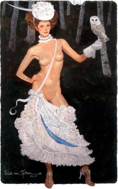 semi nude girl holding an owl