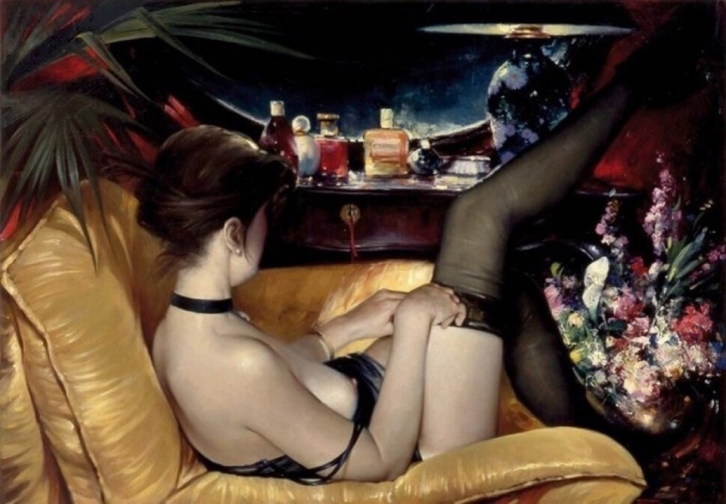 semi-nude girl in yellow armchair putting on her stockings semi-nude girl in yellow armchair putting on her stockings