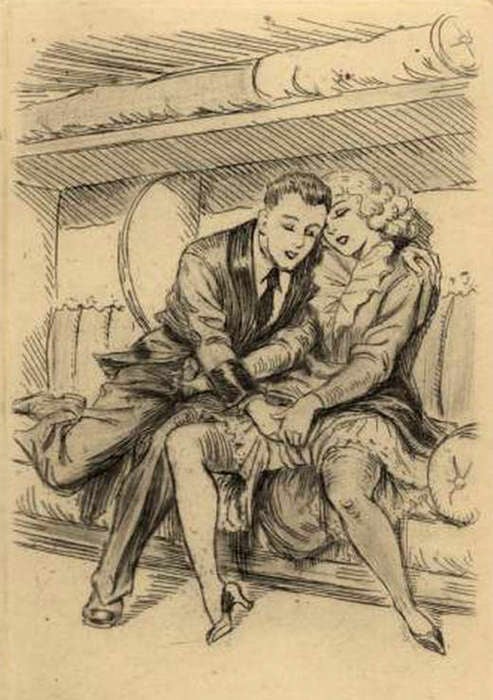 sensual couple in a train engraving