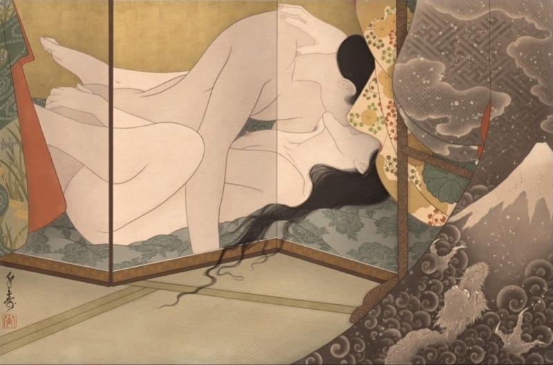 shunga design of an intimate couple behind transparent folding screen by Senju Shunga shunga design of an intimate couple behind transparent folding screen by Senju Shunga