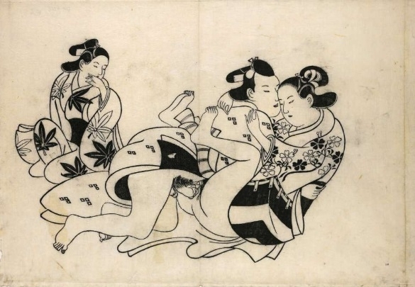 Shunga print by Kiyonobu, ca. 1711. Courtesan with a client watched by kamuro