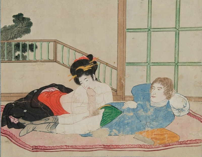 shunga scroll painting with Westerner and courtesan by unknown Nagasaki painter