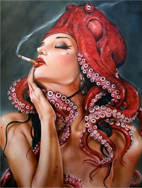 Smoking femme fatale wearing a red octopus