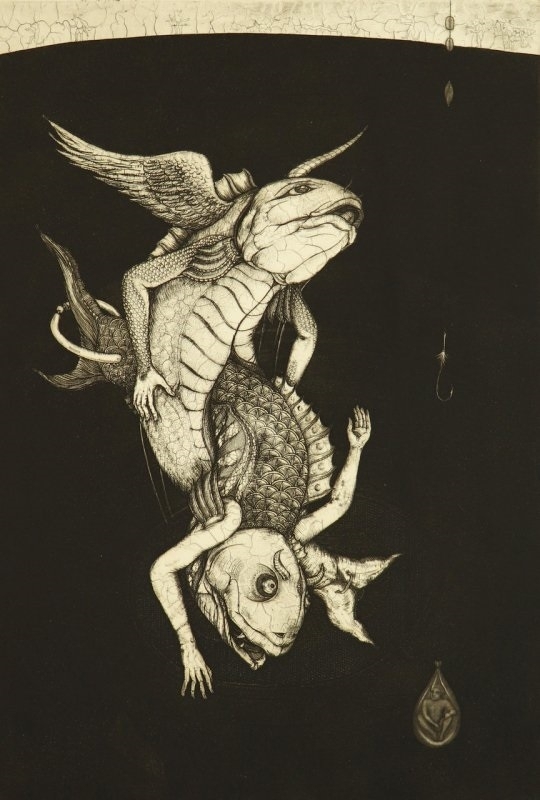 Suki / Love, copperplate engraving No.12, Fish series by Shin Taga