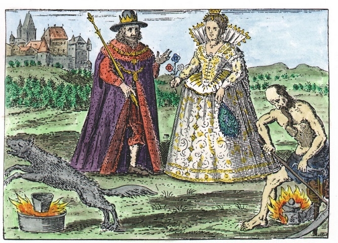 Sulfur and Mercury depicted with a wolf
