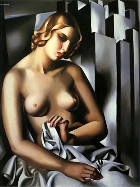 Tamara Lempicka Seated Nude With Buildings In The Background,
