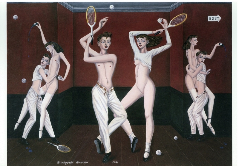 Tennis play and the papillons in the paintings may refer to the works of Nabokov