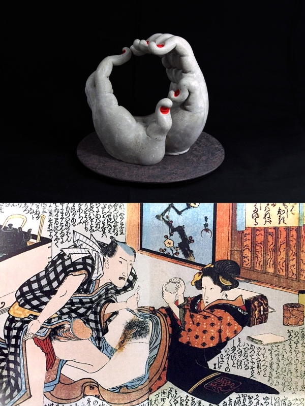 The Circle of Hands, cement, pigment, glass, wood, after Utagawa Kunitora’s Otome Sugata