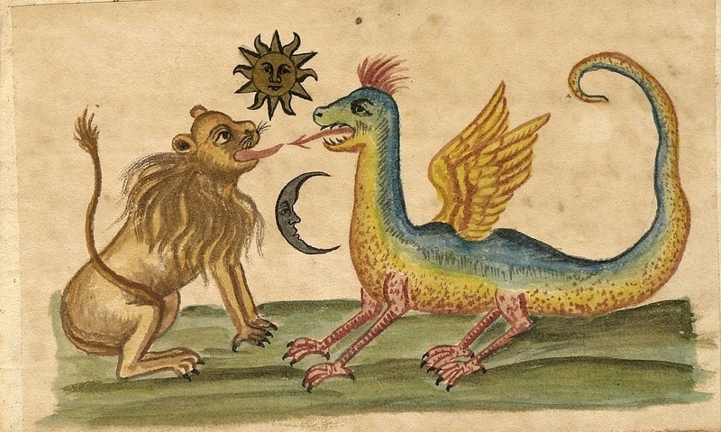 The lion (Sulfur, King) and the dragon (Mercury, Queen)