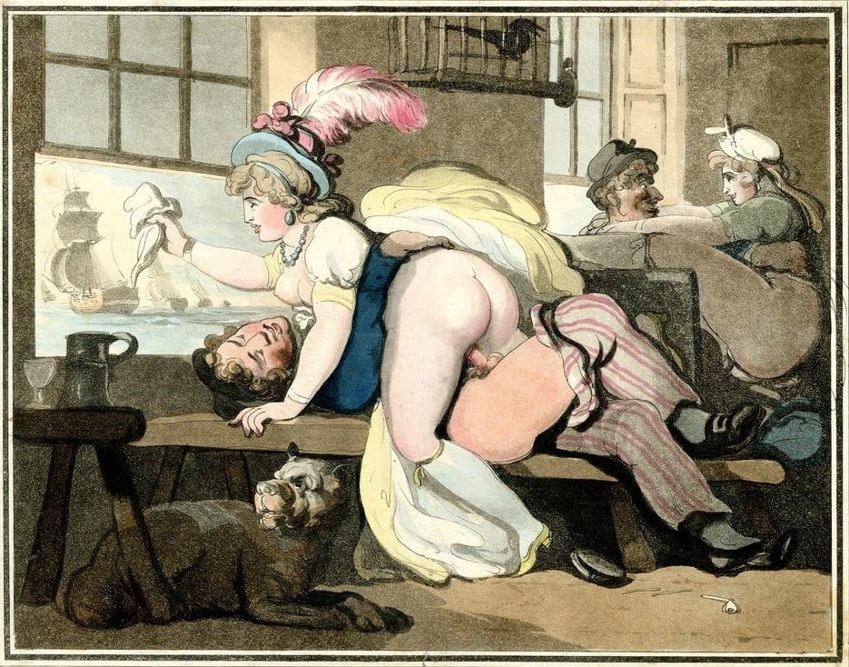 Thomas Rowlandson drawings: young female sporting a feathered hat straddling a sailor lying on a bench with another intimate couple behind them
